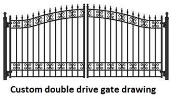 Custom RV Gate:  drawing of an custom iron gate with arches, double rail, an scrolls